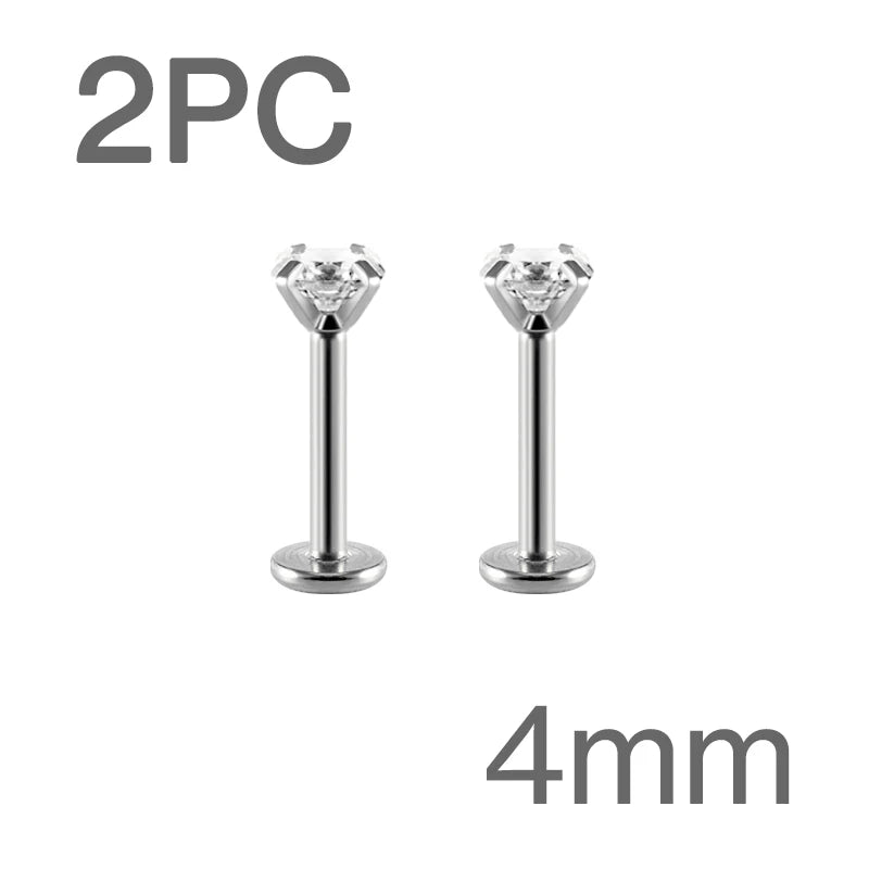 Brincos Labret Tragus 2PCS - Aço Cirúrgico 16G com Cristal CZ para Piercing