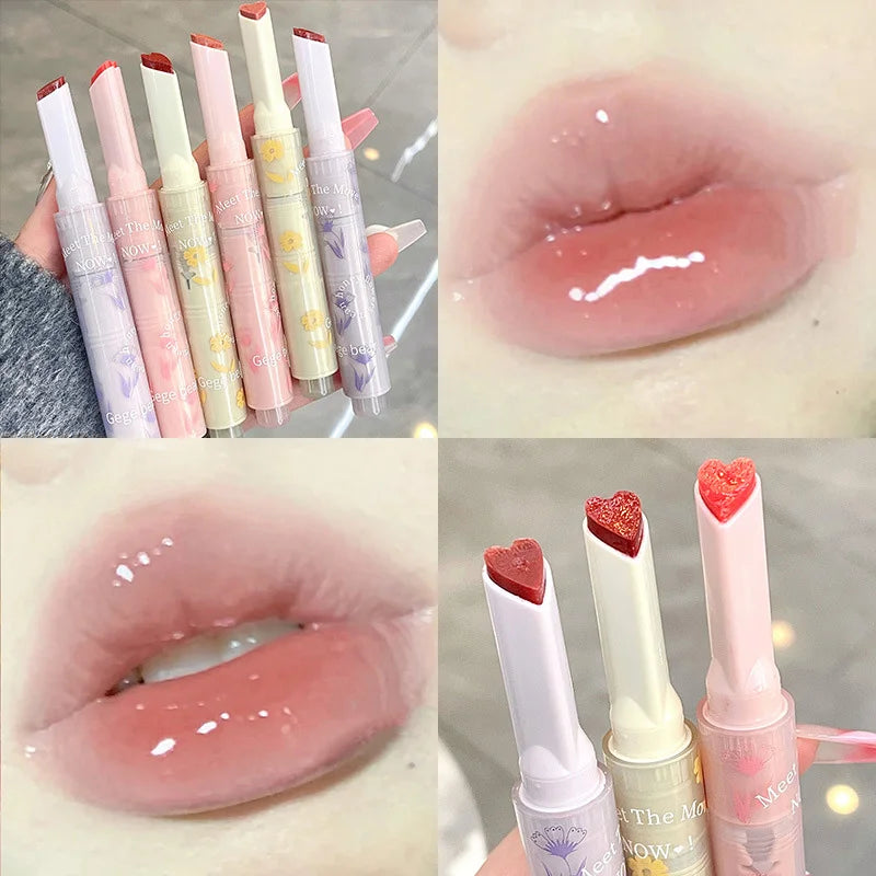 Brilho Labial Transparente Jelly Rosa Claro - Gloss Espelhado Hidratante em Forma de Coração - Lápis Batom para Maquiagem