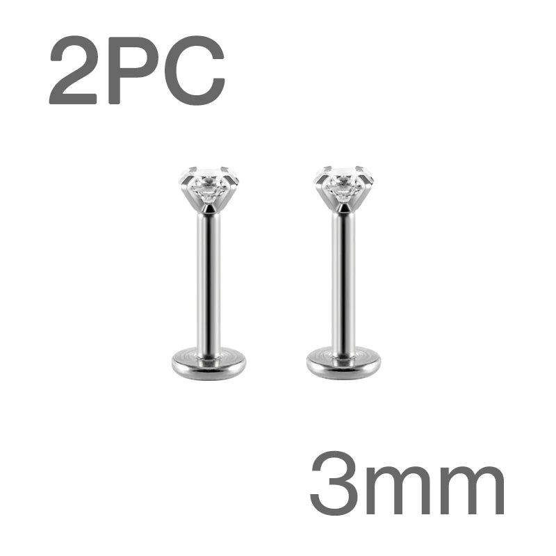 Brincos Labret Tragus 2PCS - Aço Cirúrgico 16G com Cristal CZ para Piercing