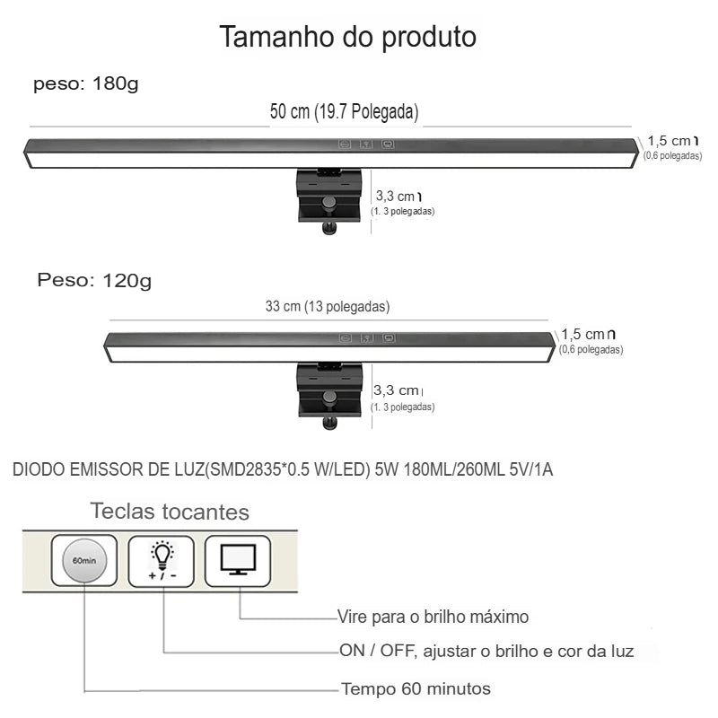 Luminária de Mesa LED para Cuidado dos Olhos - Barra de Luz para Monitor de 50cm