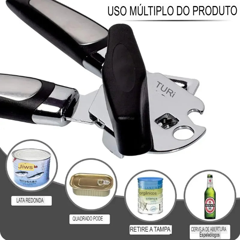 Abridor de Lata em Aço Inoxidável Multifuncional com Pegador Lateral - Abridor de Garrafas e Latas, Engenhoca de Cozinha