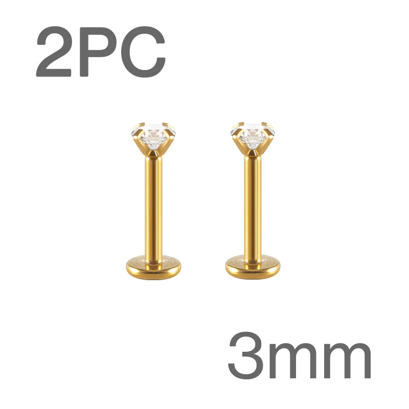 Brincos Labret Tragus 2PCS - Aço Cirúrgico 16G com Cristal CZ para Piercing