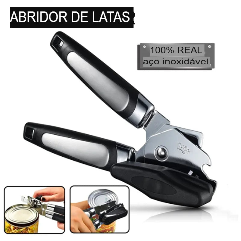 Abridor de Lata em Aço Inoxidável Multifuncional com Pegador Lateral - Abridor de Garrafas e Latas, Engenhoca de Cozinha