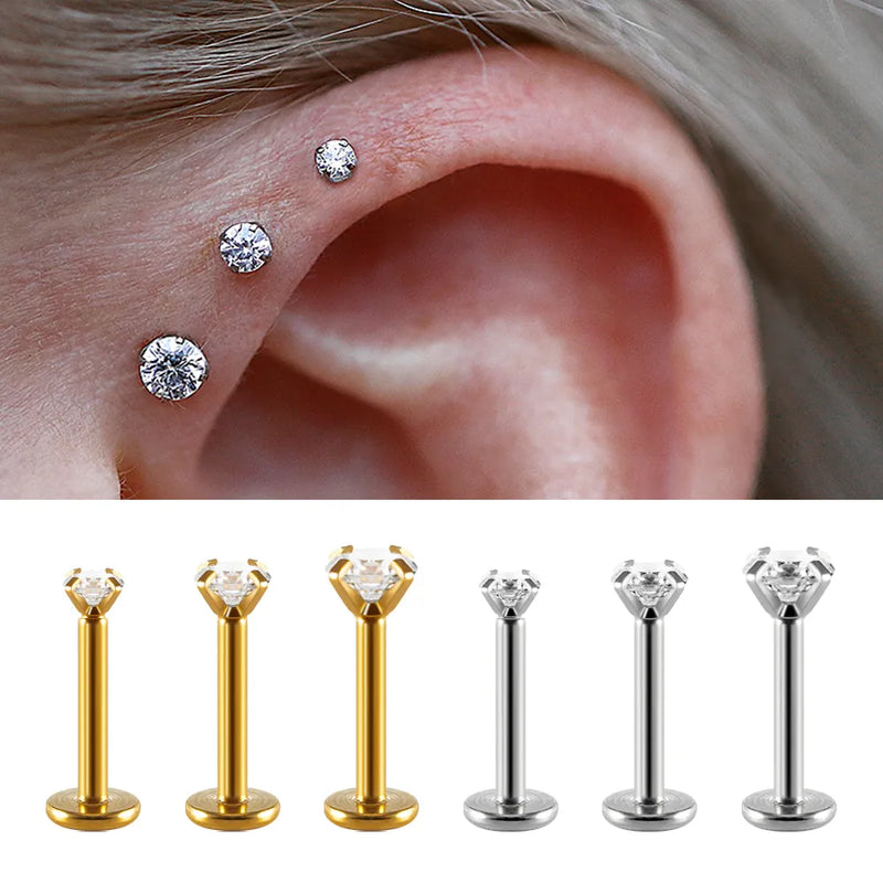 Brincos Labret Tragus 2PCS - Aço Cirúrgico 16G com Cristal CZ para Piercing