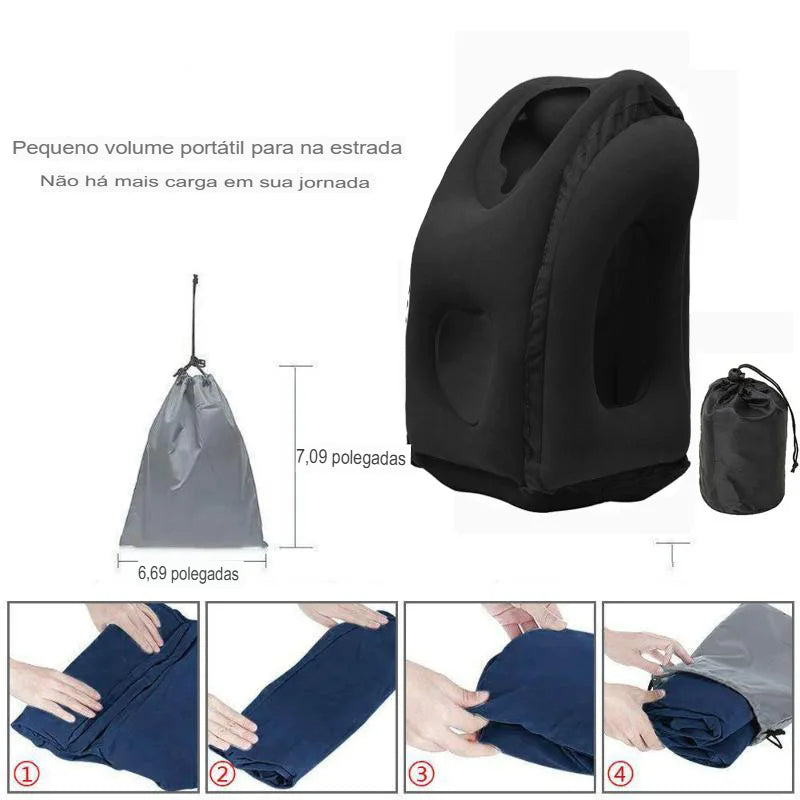 Almofada Inflável de Viagem com Suporte para Queixo Portátil - Suporte de Pescoço para Avião, Carro, Ônibus, Trem e Escritório