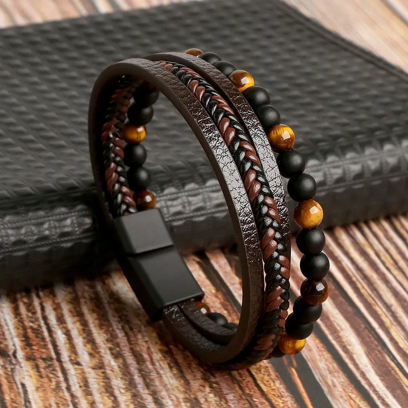 Bracelete de Couro com Contas para Homens - Olho de Tigre, Multi Camadas, Moda 2024